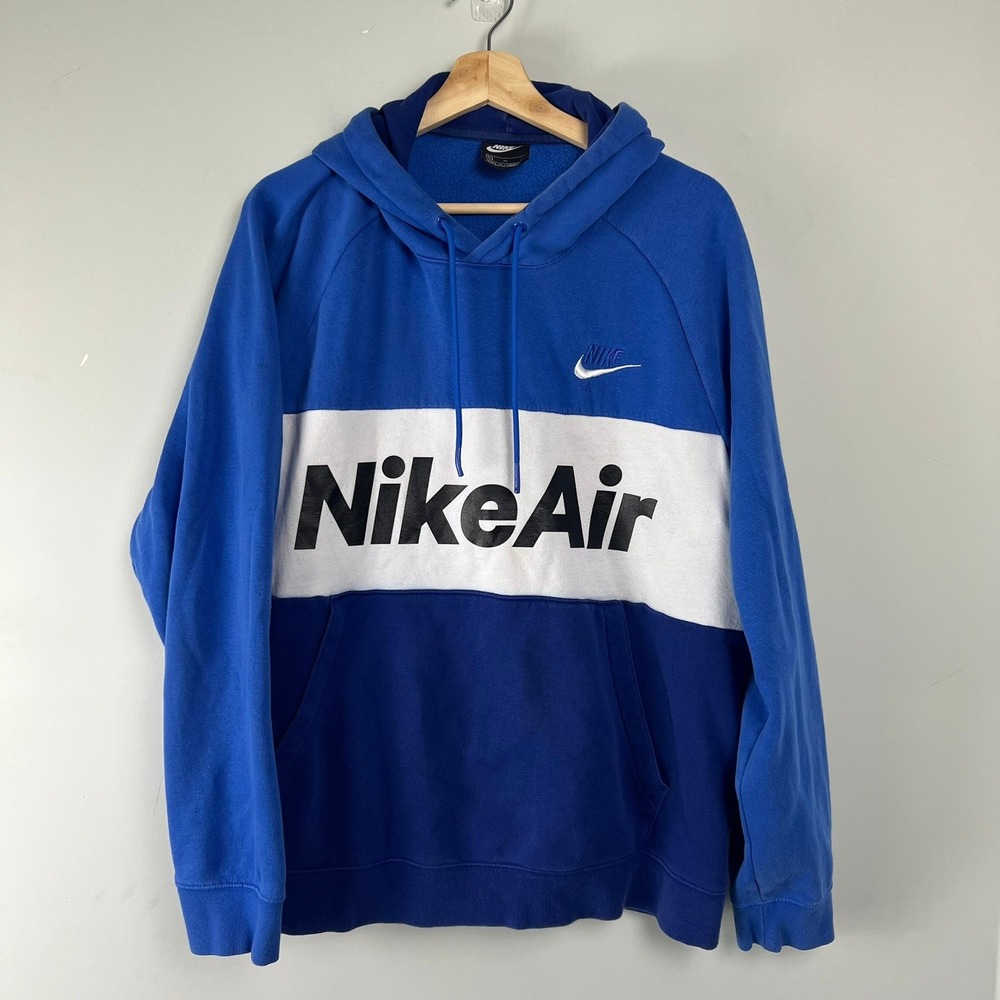 Nike Air Men XL Blue Colorblock Fleece Pullover Hoodie Sweatshirt Logo Spell out